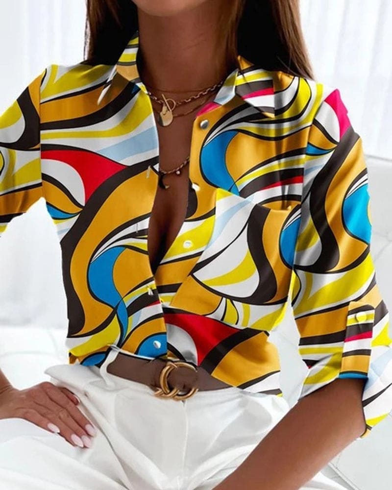 Dam Blus Figursydd Andningsbart Material med Tryckt Design 10