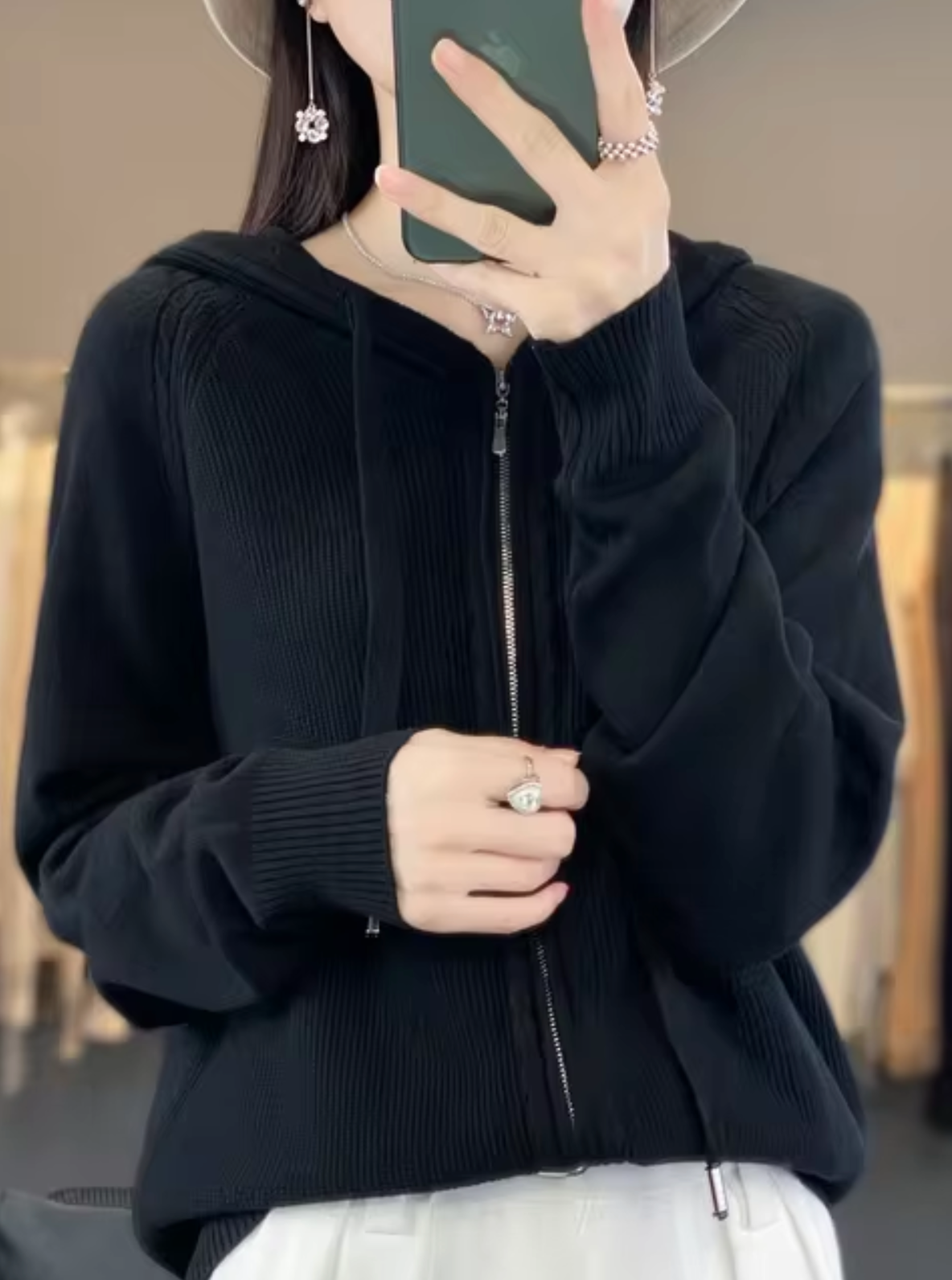 Dam Hooded Cardigan Löst Passform Mjuk Stickad-3