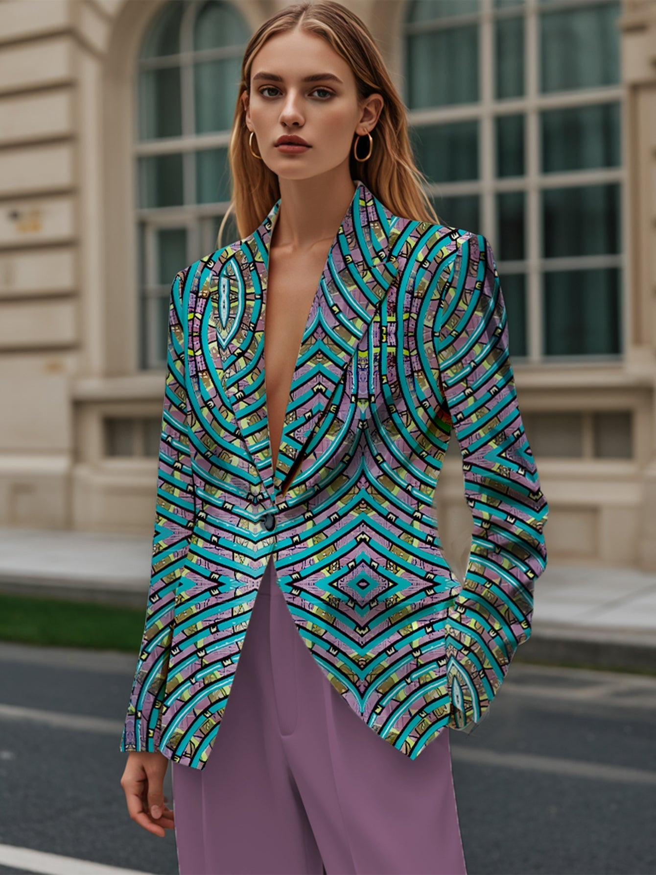 Dam Kontorsdräkt Abstrakt Mönster 100% Polyester Lång Ärmar Asymmetrisk Nederkant-1