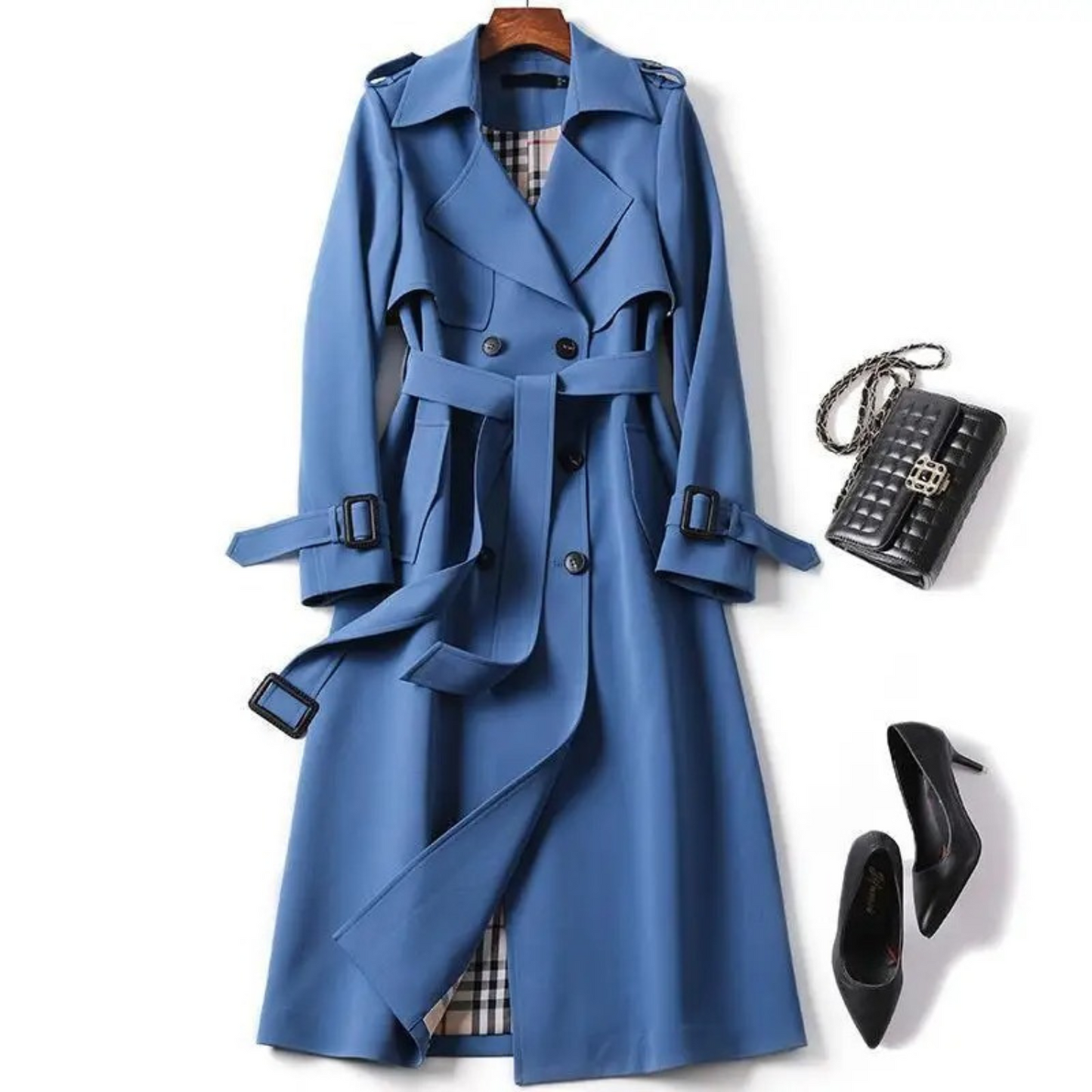 Dam Lång Trench Kappa med Spetsar Polyester-5