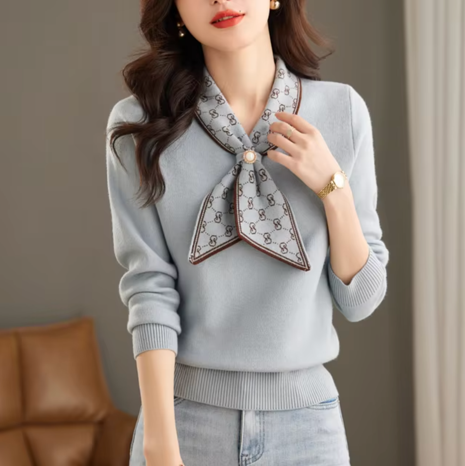 Dam Stickad Tröja Chunky Mjuk Avslappnad Passform Högkvalitativ Fiber-2