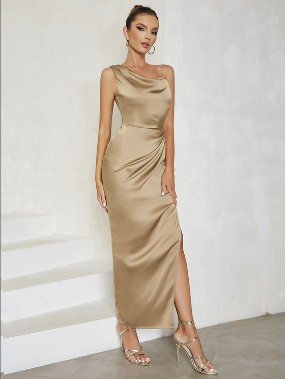 Dam Maxiklänning Asymmetrisk Polyester Chokladbrun 3