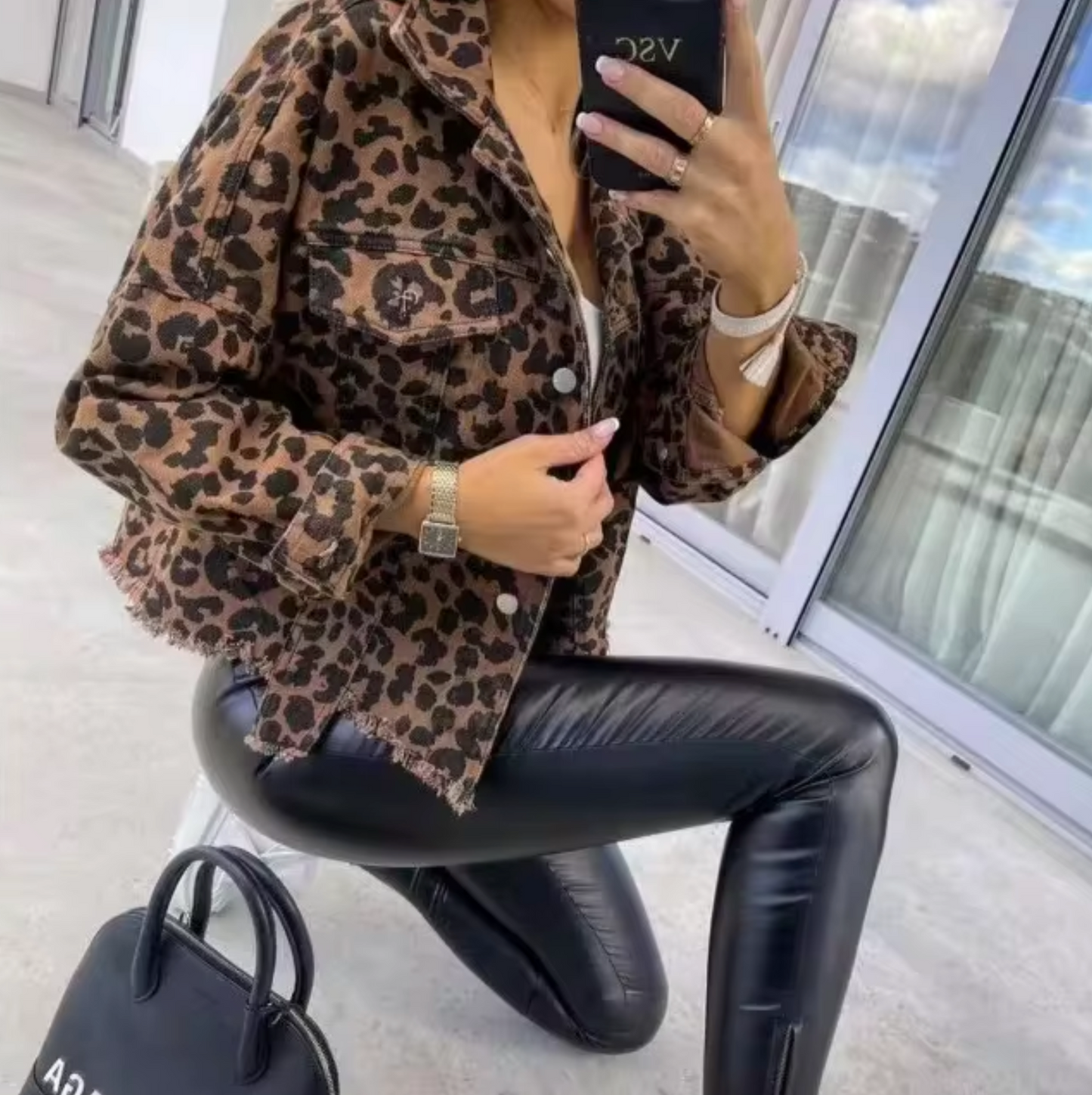 Damjacka Denim Leopardtryck Trendig-3