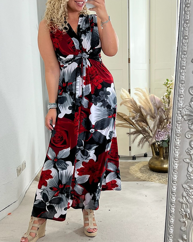 Kvinna Klänning Veckad Blommönster Polyester-6
