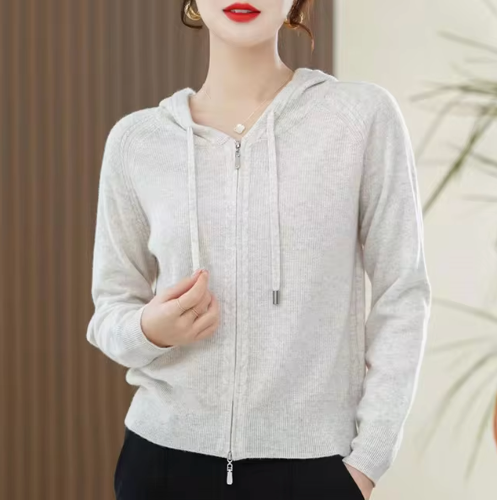 Dam Hoodie Stickad Kashmirmix Avslappnad Passform-3
