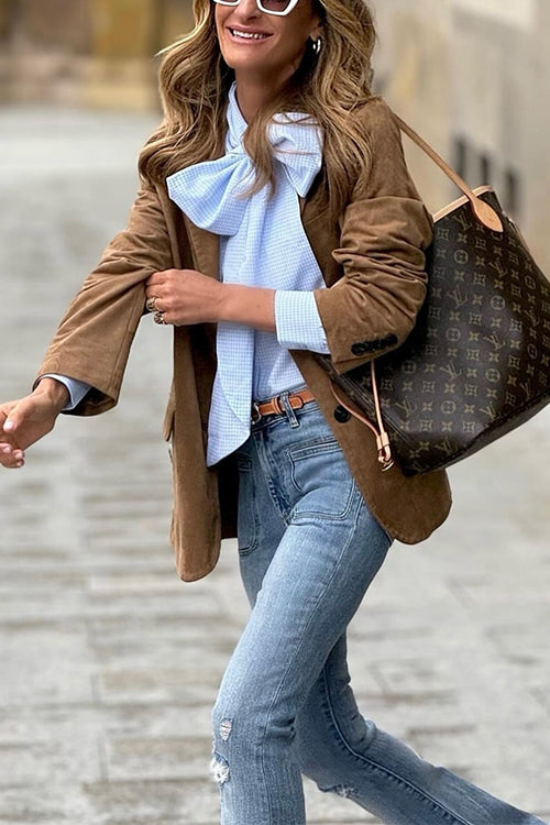 Dam Skjorta Långärmad Gingham Print med Slingkrage Bomull Polyester-3