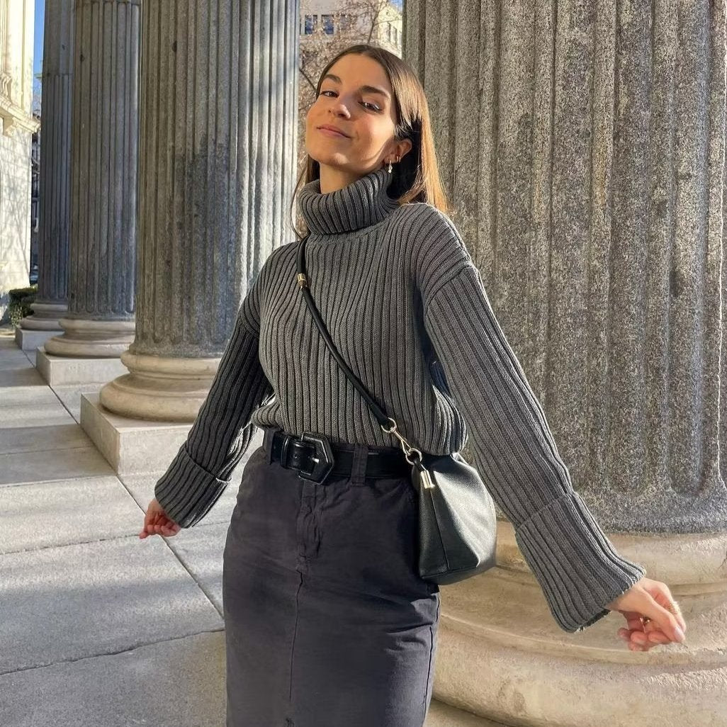 Dam Stickad Tröja Hög Krage Akryl Ribbstickad-2