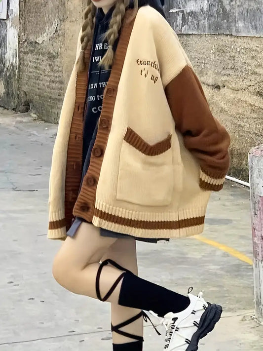 Dam Cardigan Färgblock Broderad Högkvalitativt Tyg-1