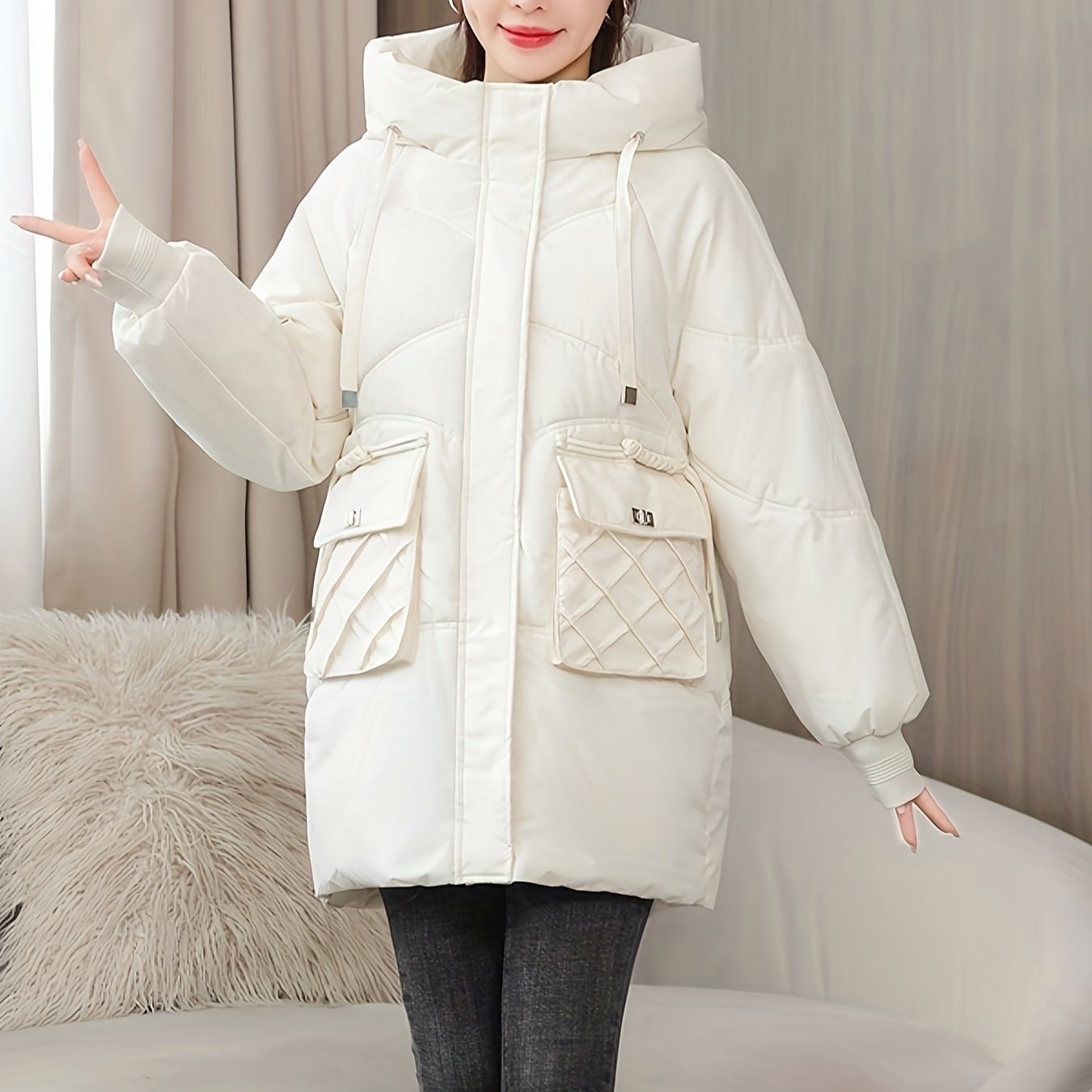 Dam Hoodie Puffy Med Dragkedja Polyester Vinter 9