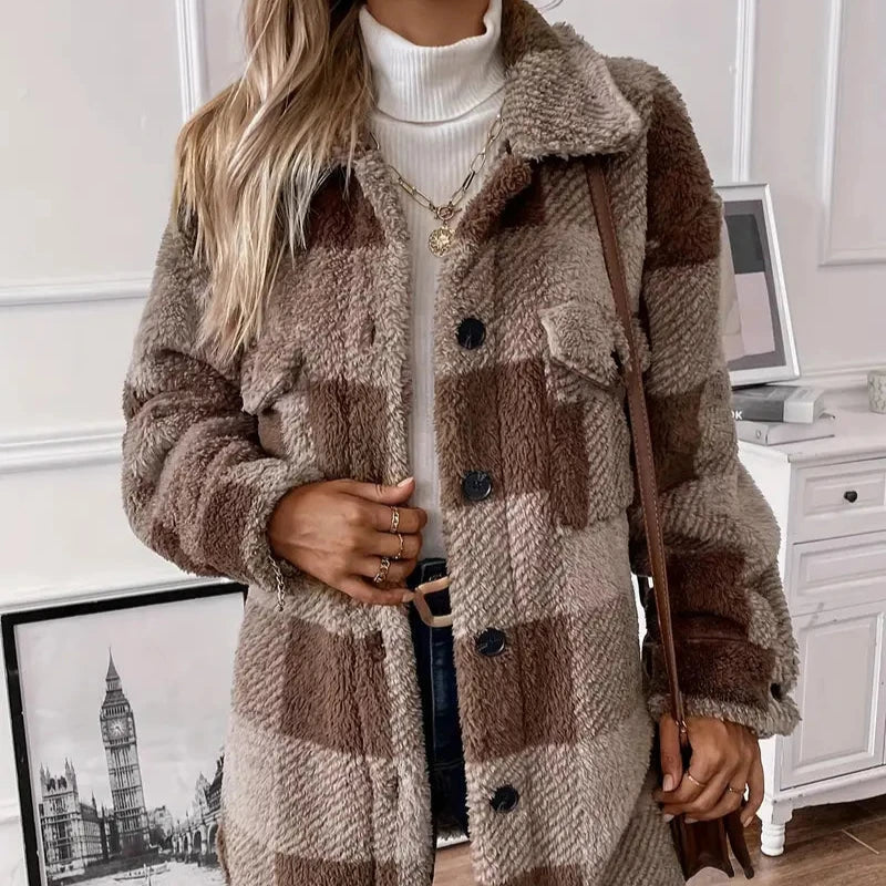 Kvinno Kappa Fluffig Plysch med Brunt Karomönster-4