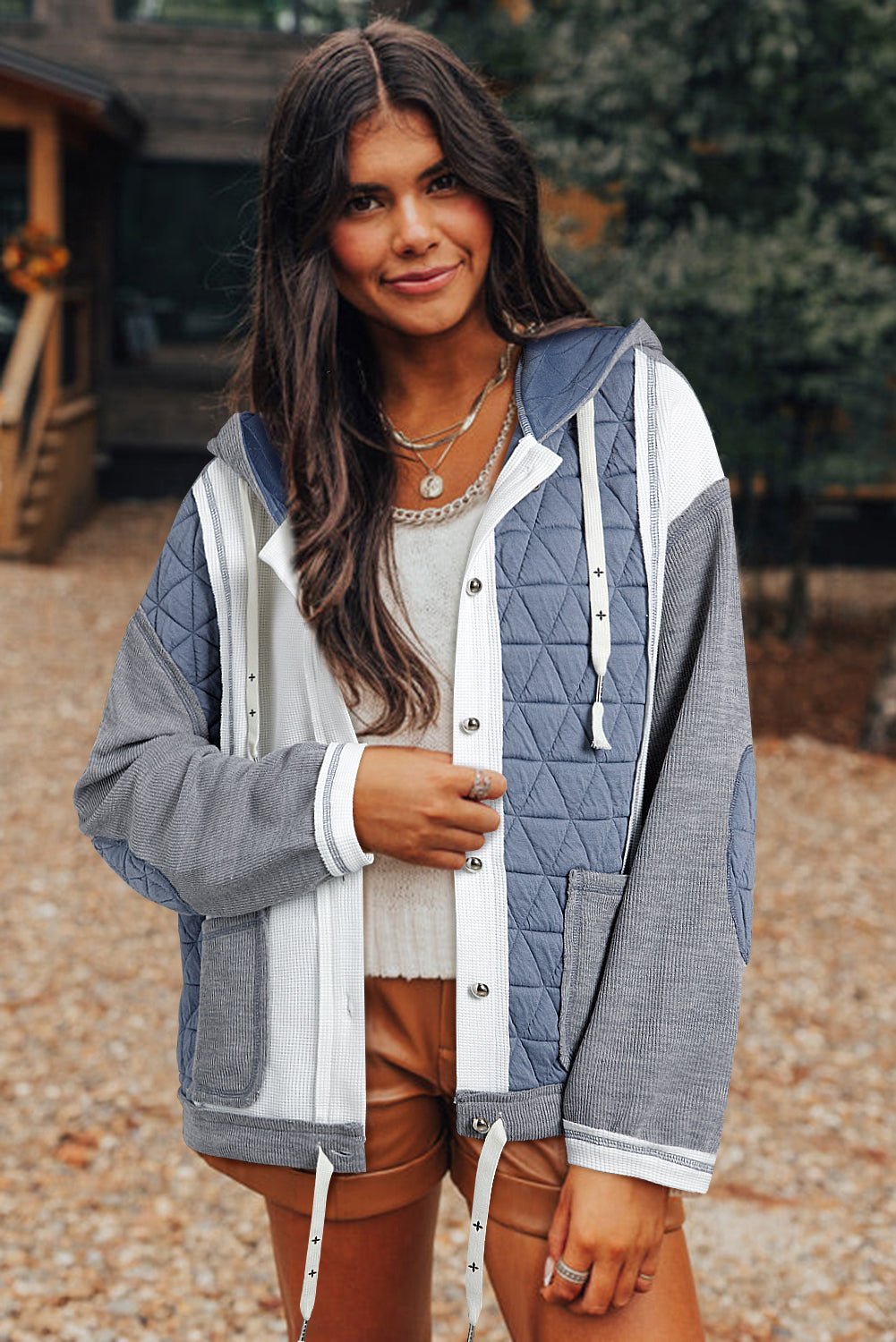 Vinterjacka Dam Med Huva Vadderad Polyester Lapptäckdesign-1
