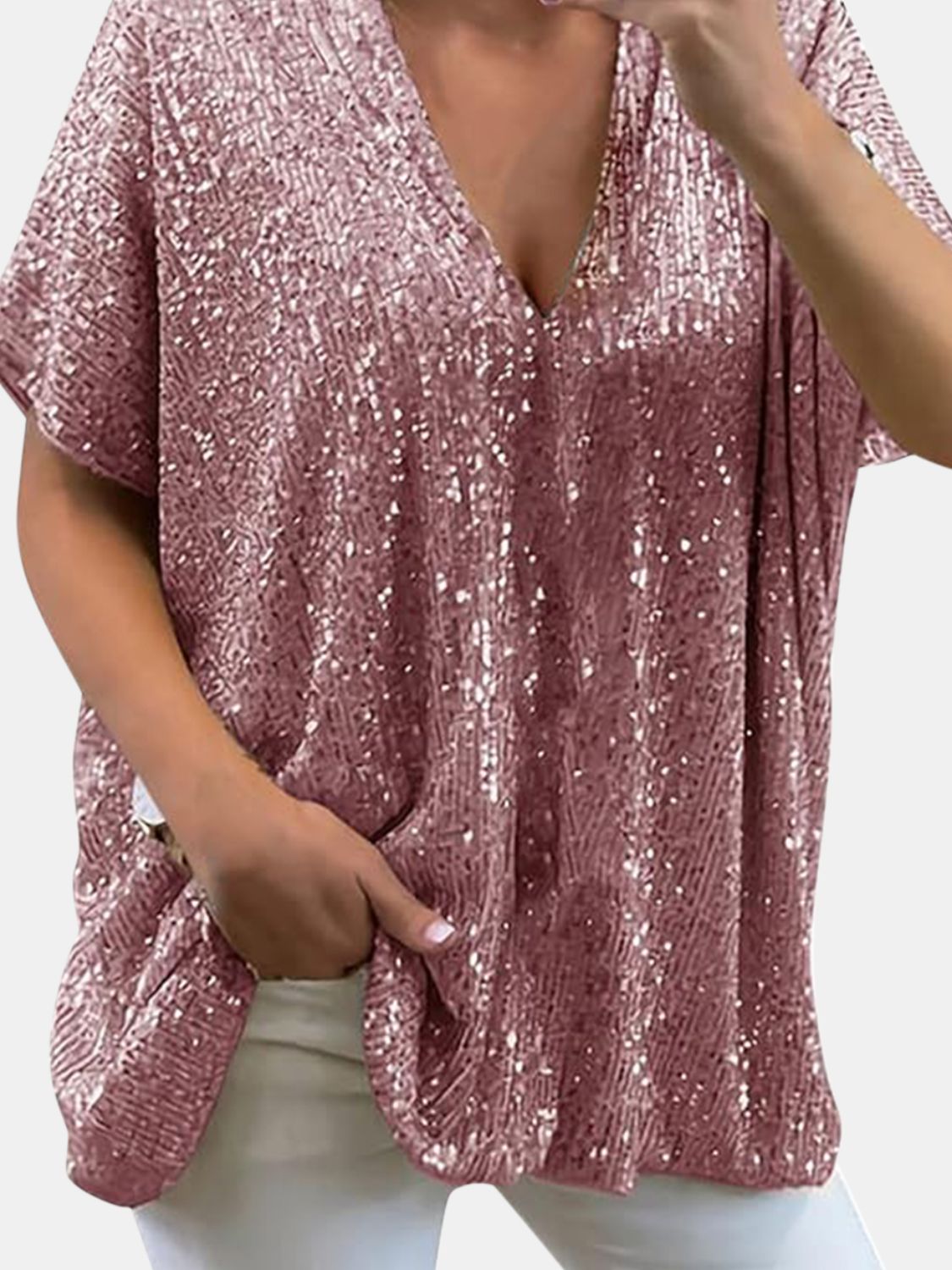 Kortärmad Blus Dam V-ringning med Paljetter i Polyester-3