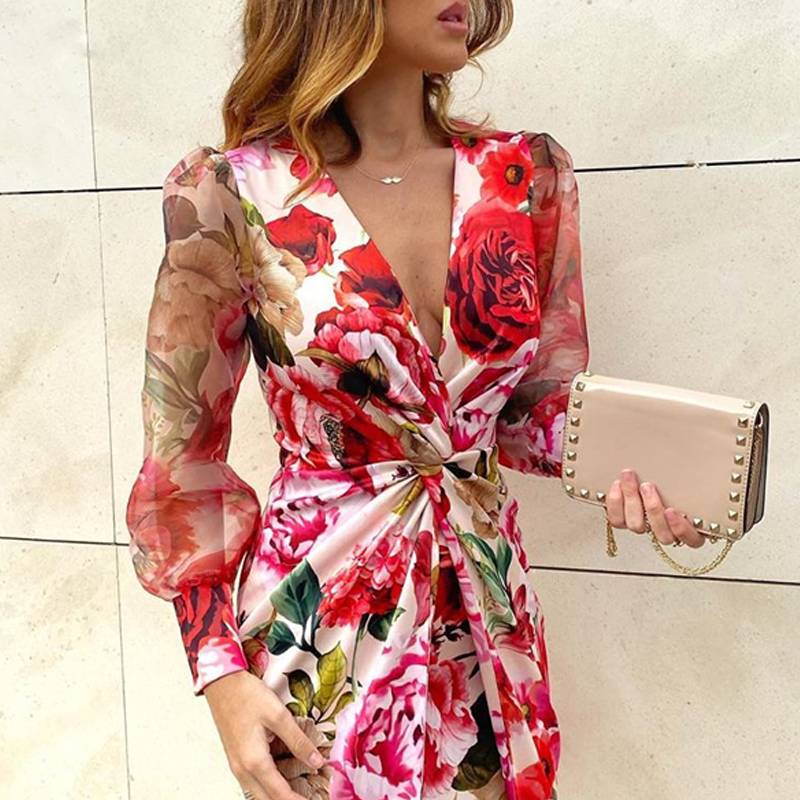 Kvinna Miniklänning Blommönster V-hals Bomull Polyester-2