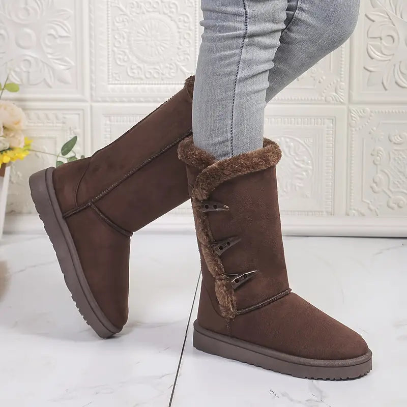 Dam Medelhöga Stövlar Fleecefodrade med Hornspänne för Vinterbruk-3