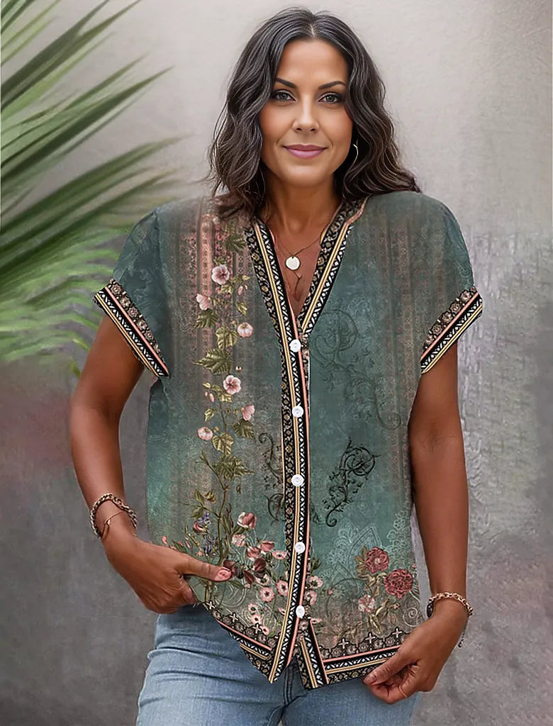 Dam Blus Viskos Blommönster Lätt Lösa Passform 2