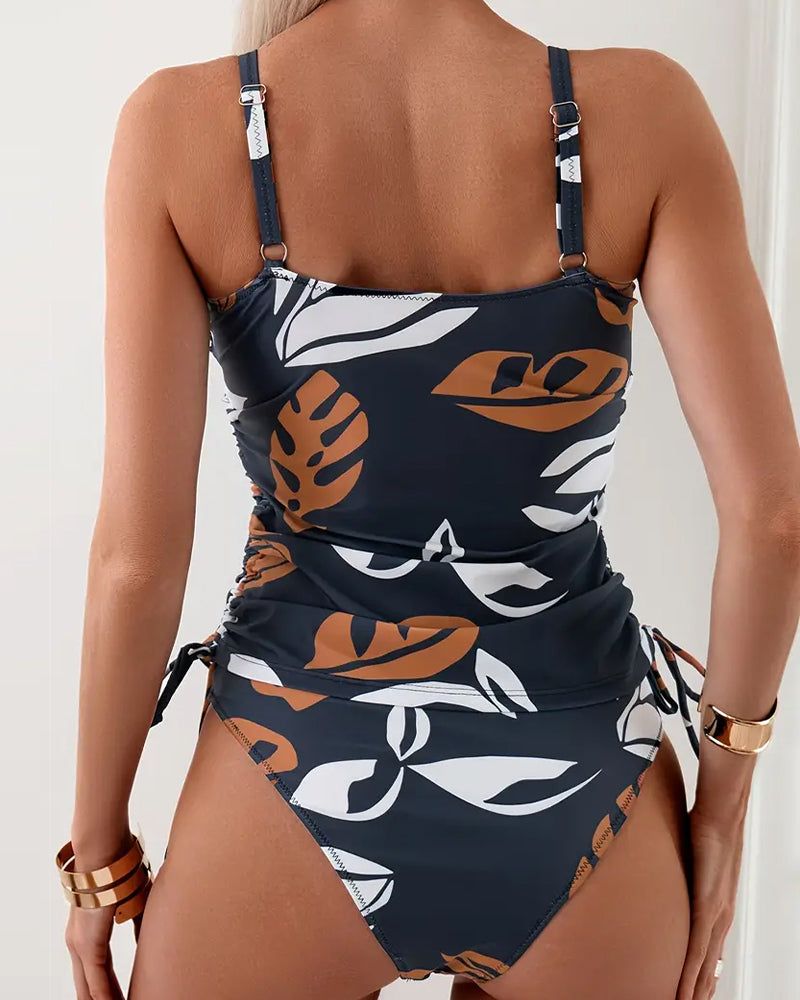 Dam Tankini Baddräkt Ärmlös Slim Fit Chinlon med Bladmönster-5