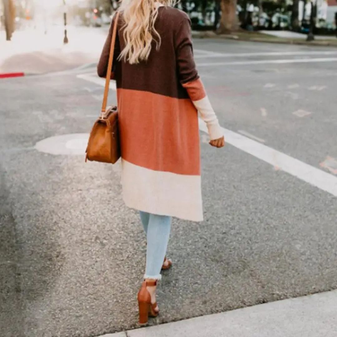 Dam Cardigan Färgblockad Öppen Front Mjuk Stickad Kvalitet-2