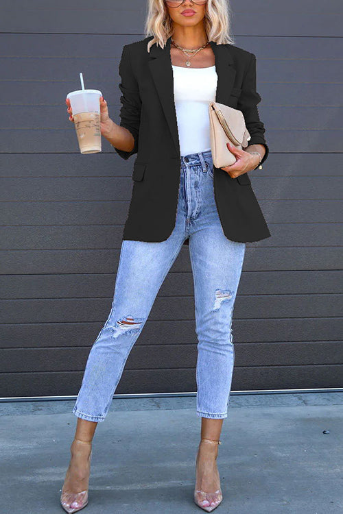 Dam Blazer Klassisk En-Knapp Bomullsblandning med Bakspalt-6