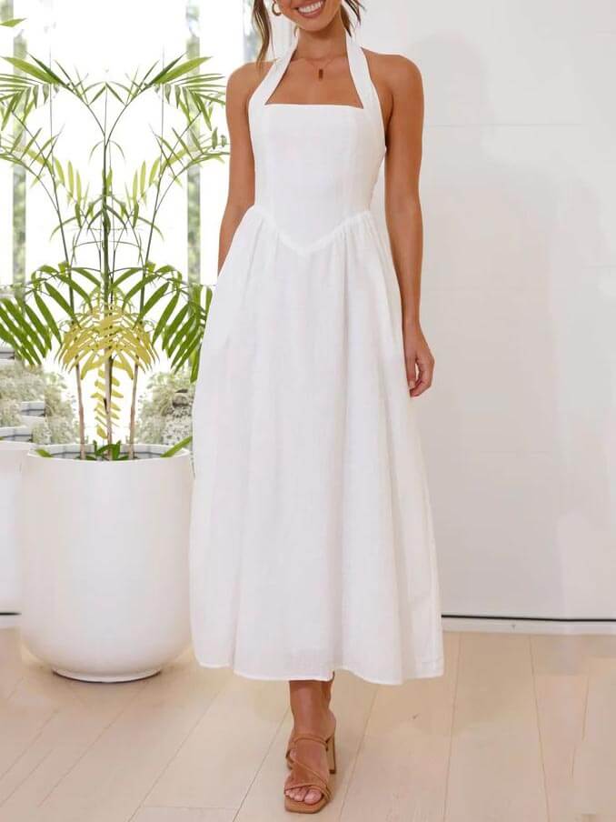 Kvinnors Midi Klänning Halterneck Polyester Elegant-5