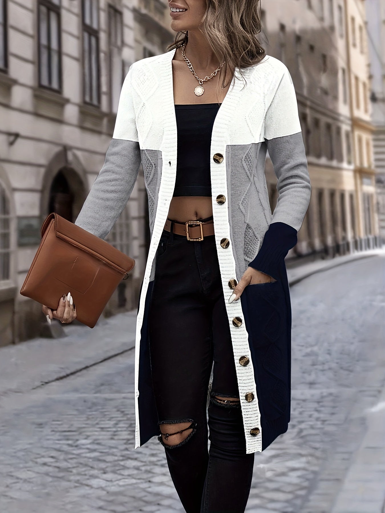 Dam Lång Kofta Akryl med Långa Ärmar och En-Knappstängning-2