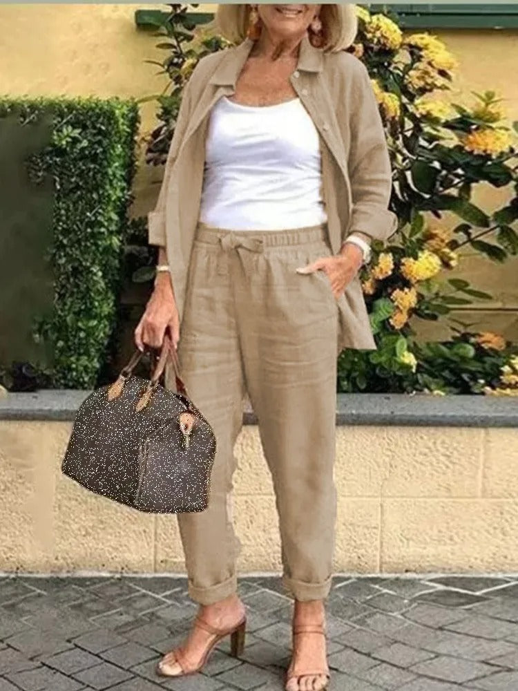 Dam Långärmad Skjorta och Byxor Set i Mjukt Material för Sommarkläder-4