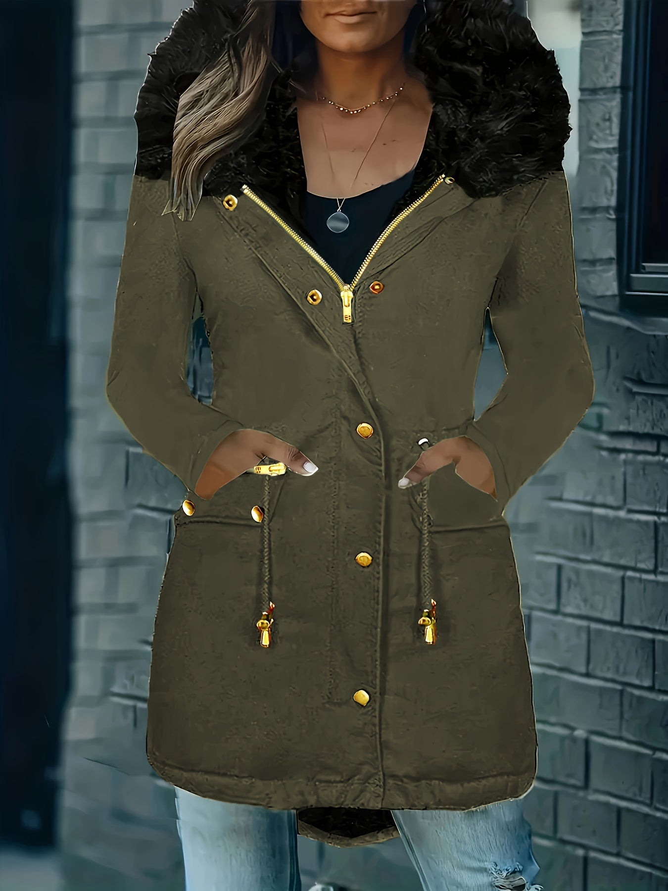Variant image for Vinterjacka Dam Lång Parka med Huva och Knappdetaljer Hållbart Material-11
