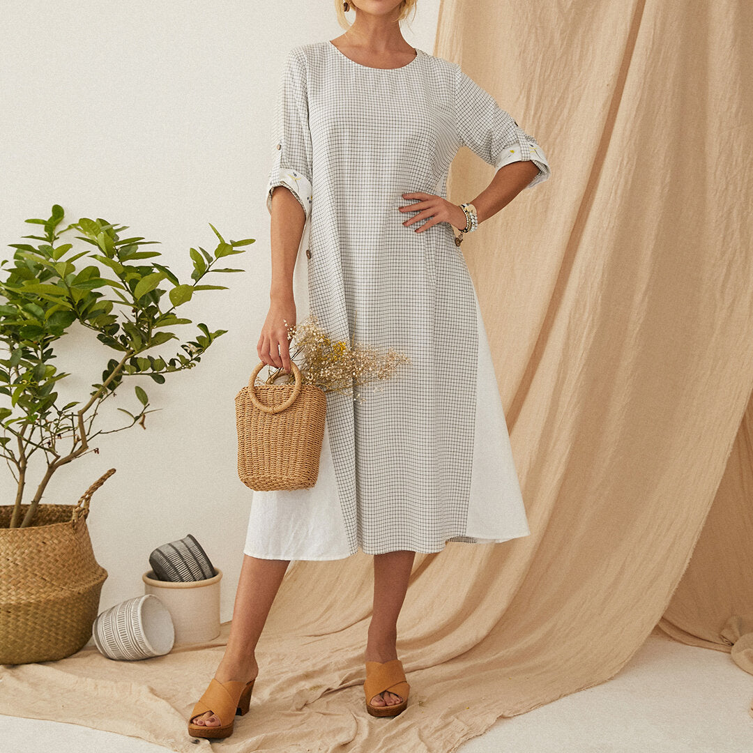 Damklänning Midi med Långärmar och Pusselmönster i Polyester – Bekväm och Elegant för Avslappnade Tillfällen 2