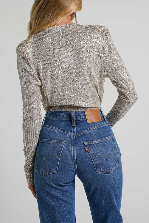 Dam Bodysuit Djup V-ringning Långärmad Glittrande Paljett-3