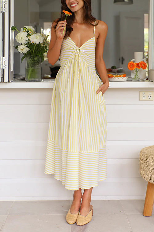 Variant image for Dam Klänning Midi V-ringning Snörning Randig Bomull Polyester-13