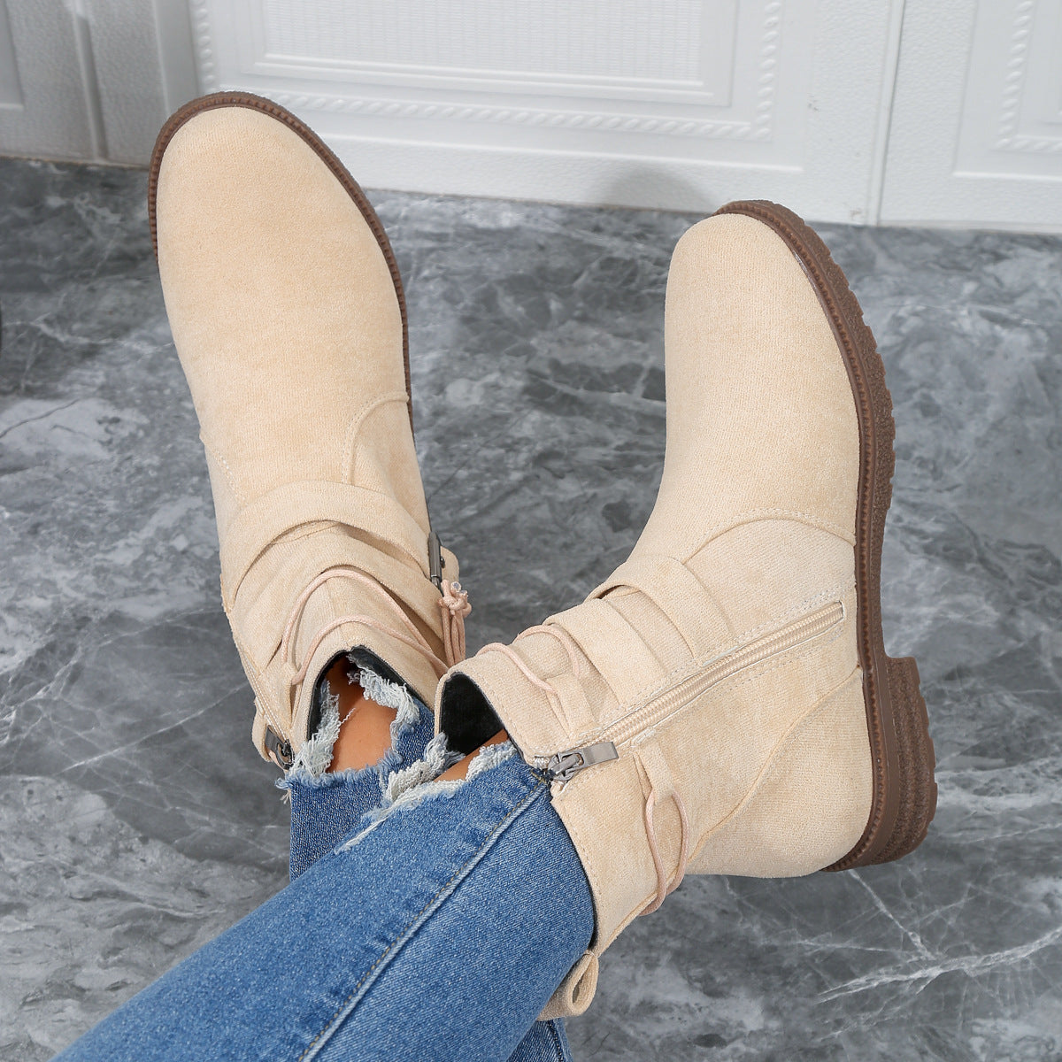 Dam Stövlar Modebältesspänne PU Gummi för Vinter och Höst-4