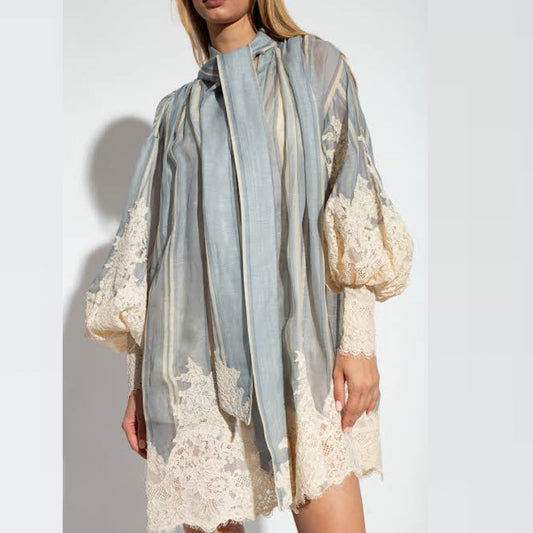 Kvinnors Mini Klänning med Lantern Ärmar och Spetsdetaljer Polyester-1