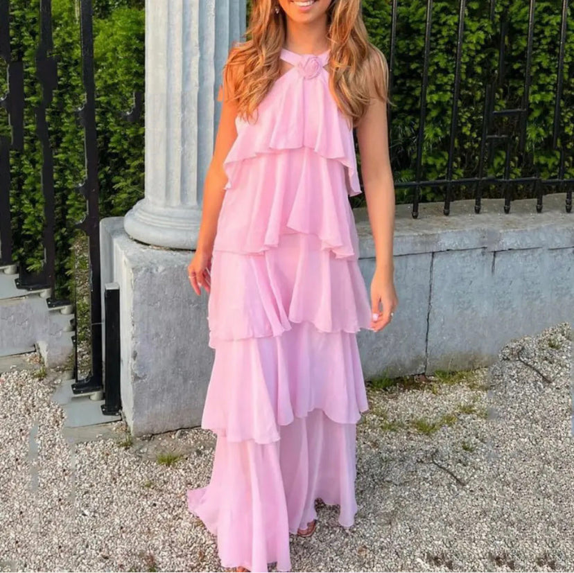 Kvinnors Klänning Halterneck Skiktade Ruffles Lätt Material-5