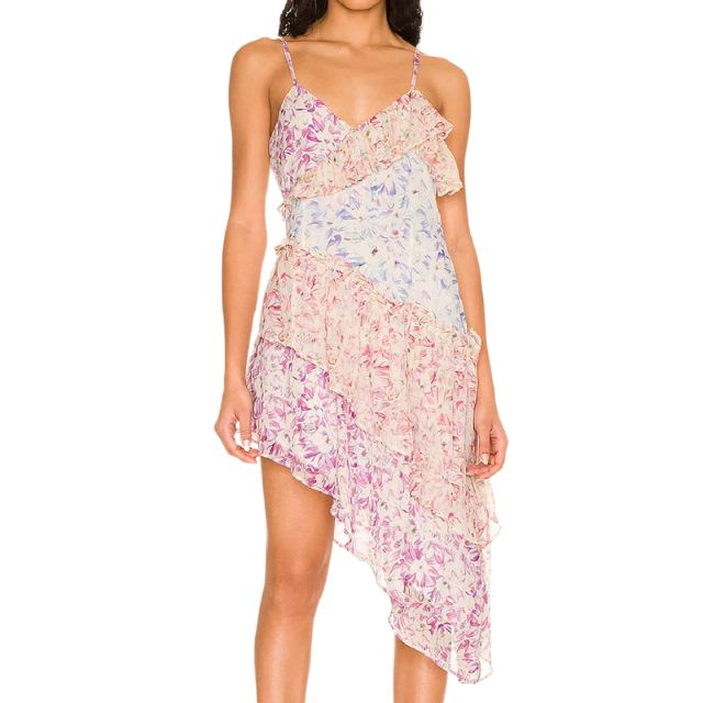 Dam Midi Klänning Asymmetrisk Volang Polyester Blommönster 7