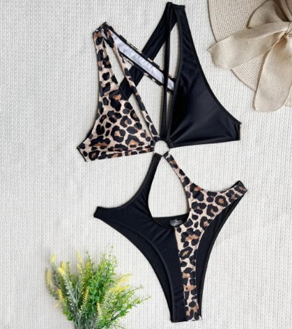 Baddräkt Dam Leopardmönster Utskärningar Nylon Spandex-2