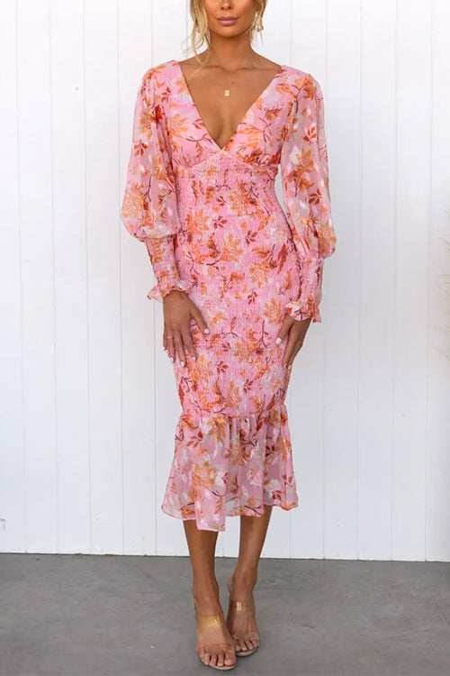 Dam Midiklänning Blommig V-ringning Långa Ärmar Bomull och Polyester-1