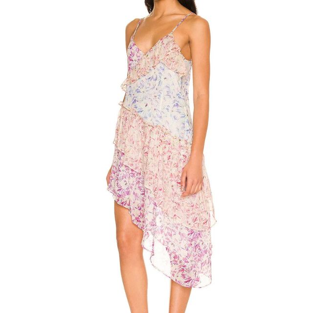 Dam Midi Klänning Asymmetrisk Volang Polyester Blommönster 2