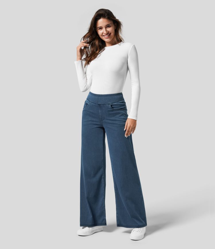 Kvinnors Breda Byxor Hög Midja Elastisk Polyester-2
