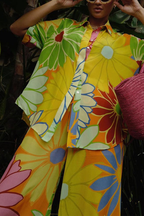 Damkläder Set Blommönstrad Blus och Lösa Byxor i Bomull och Polyester-6