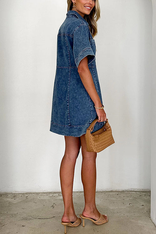 Kvinna Miniklänning Kortärmad Denim med Krage-5