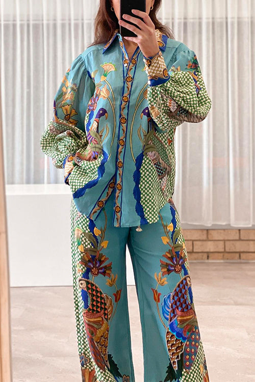 Dam Blus med Puffärmar och Vida Benbyxor Bomull Polyester-2