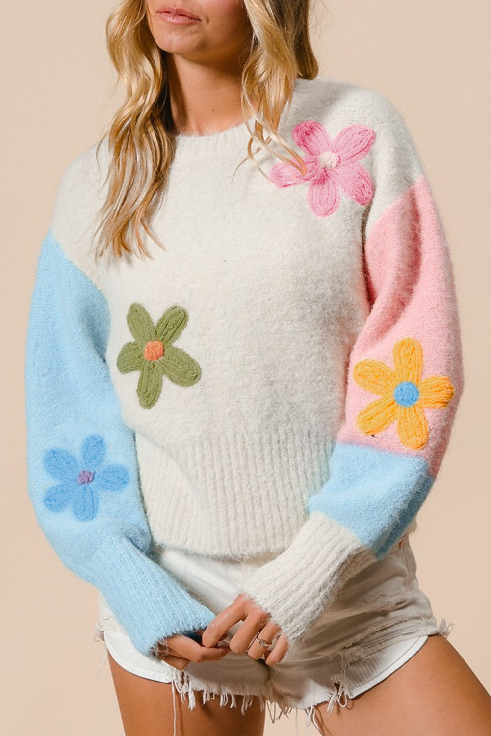 Variant image for Dam Tröja Färgblockdesign med Blommor Broderier Mjuk Tygblandning-1