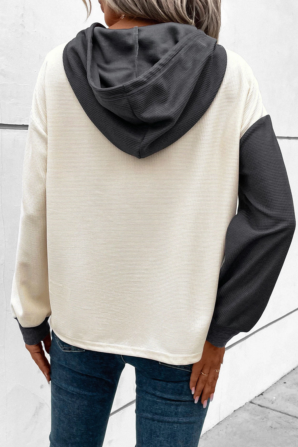 Dam Hoodie Våffelstruktur Knappdetalj 100% Bomull-3