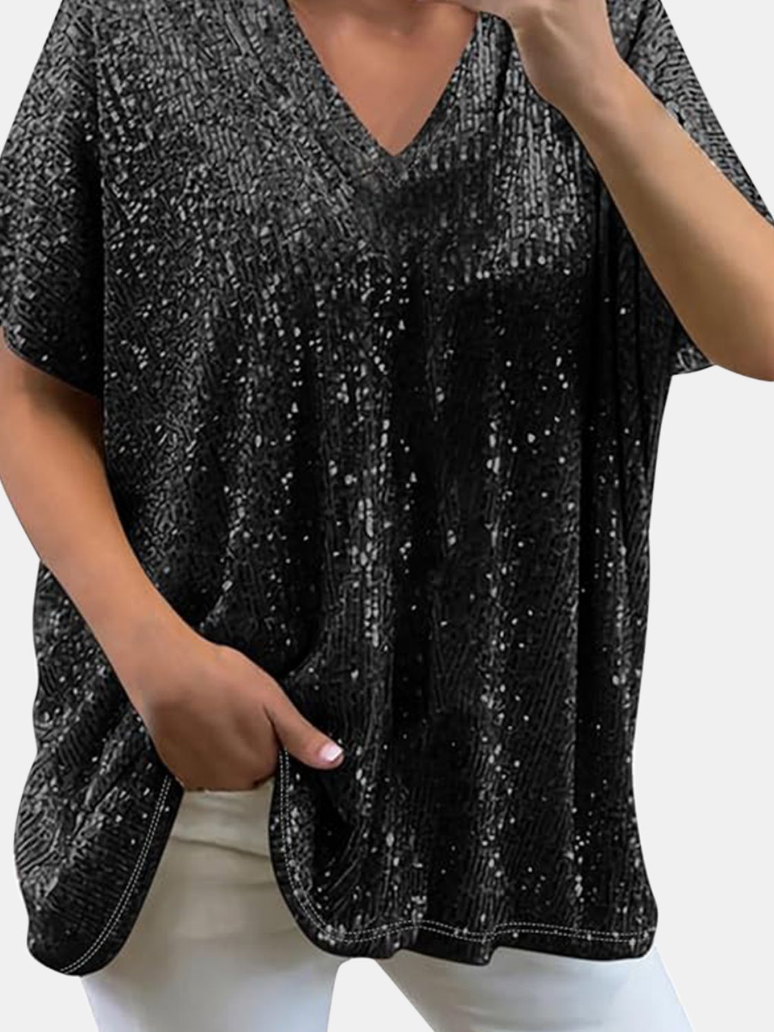 Kortärmad Blus Dam V-ringning med Paljetter i Polyester-4