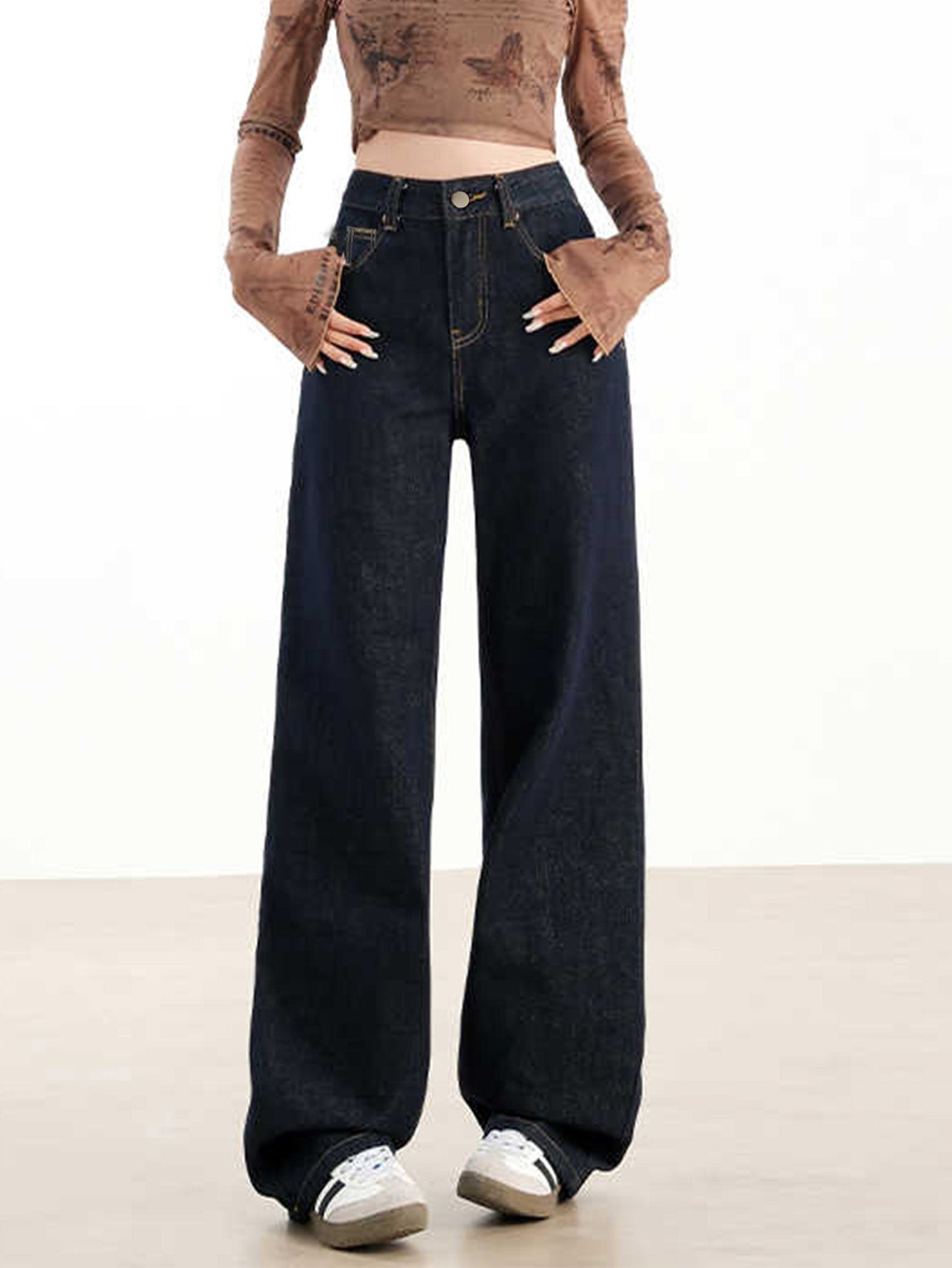 Kvinnors Löst Högmidjade Denimbyxor Golvlängd Bomull-5