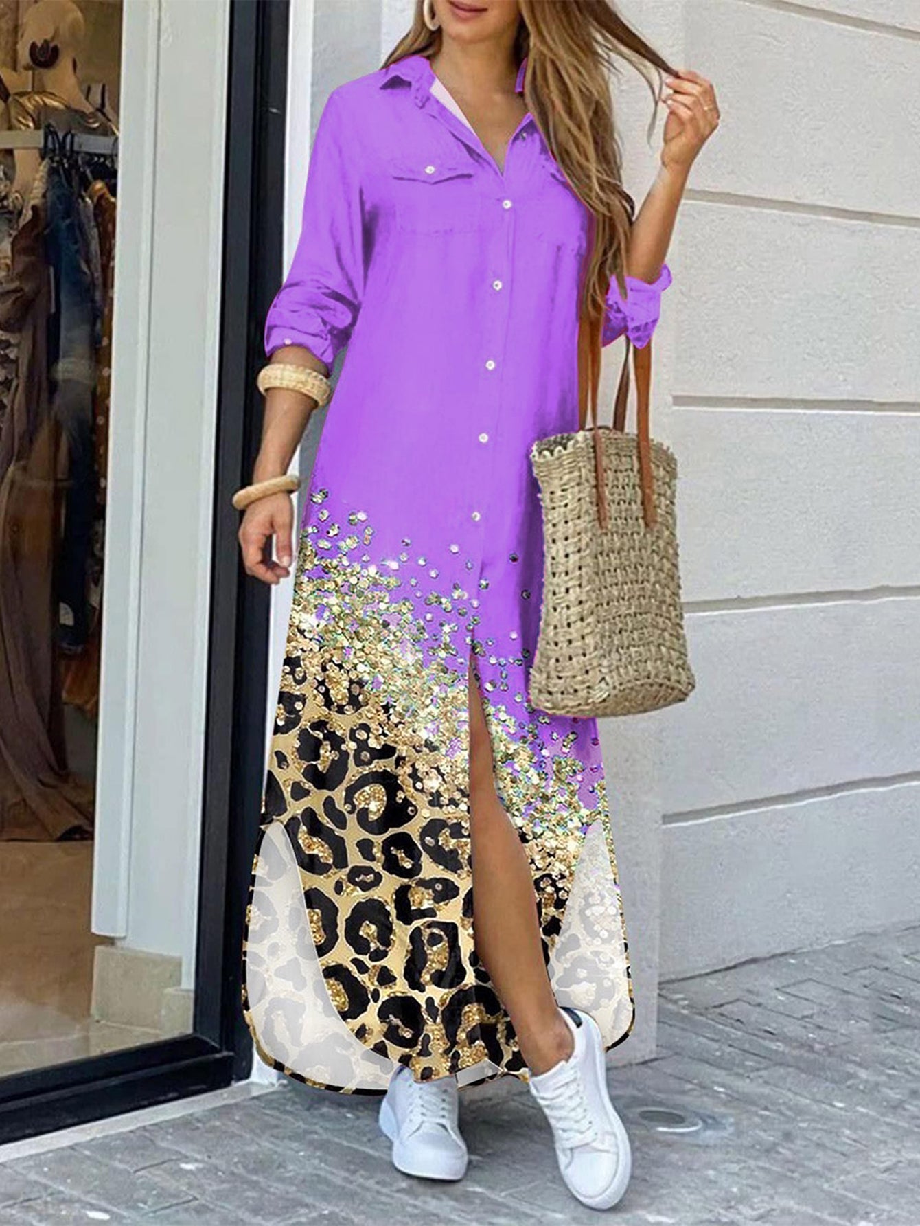 Skjortklänning Dam Långärmad Leopardmönster Polyester-1