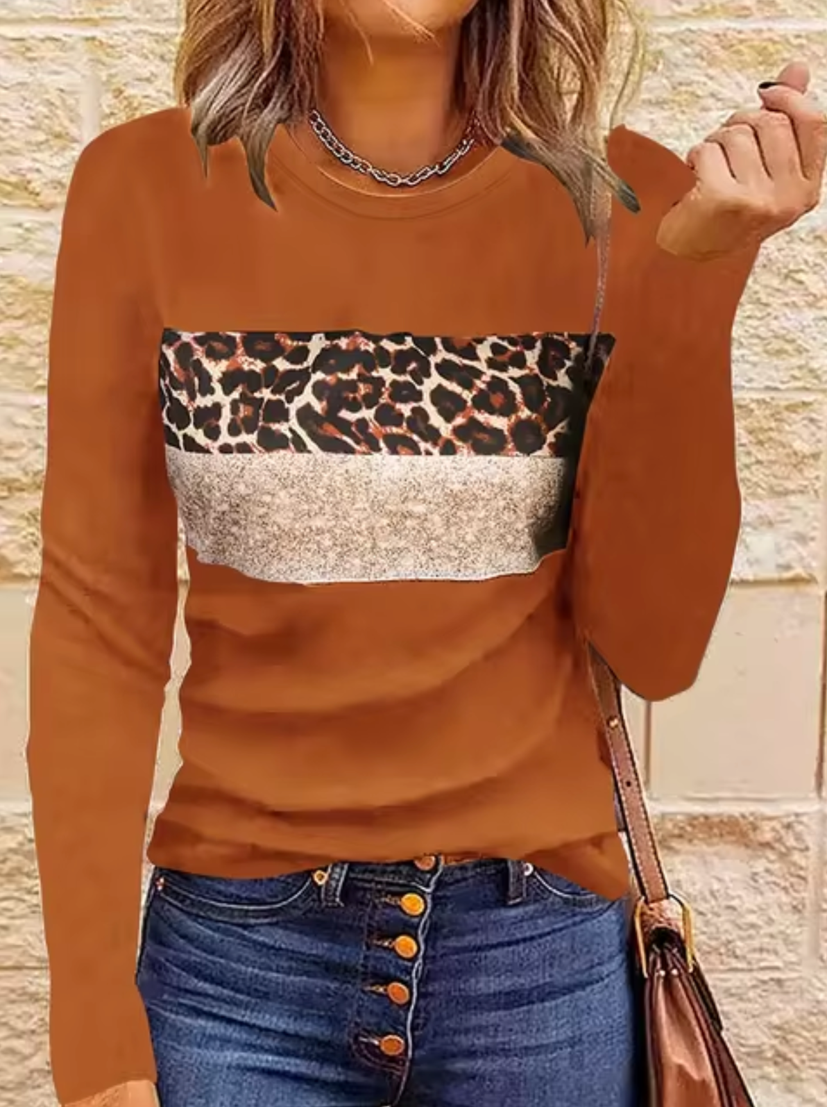 Dam Långärmad T Shirt Med Leopardmönster Mjuk Bomull-3
