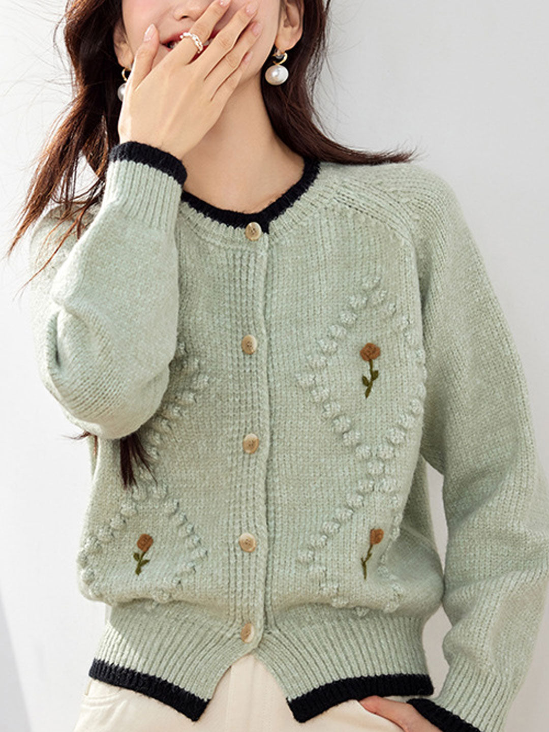 Dam Cardigan Blommabroderi Mjukt Material-6