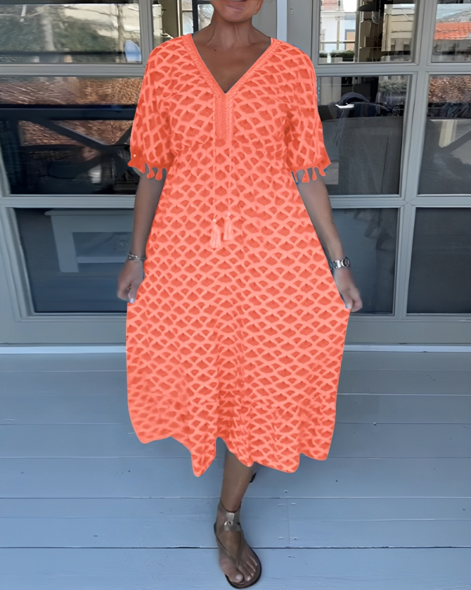 Hög Midja Klänning för Kvinna i Bomullsblandning – V-ringad En Linje Klänning med Kort Ärmar, Midilängd 9