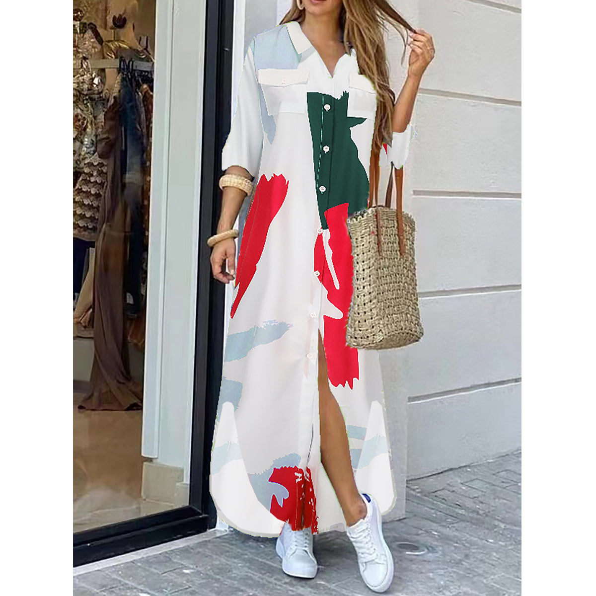 Dam Klänning Långärmad Mönstrad Polyester med Skjortkrage-2