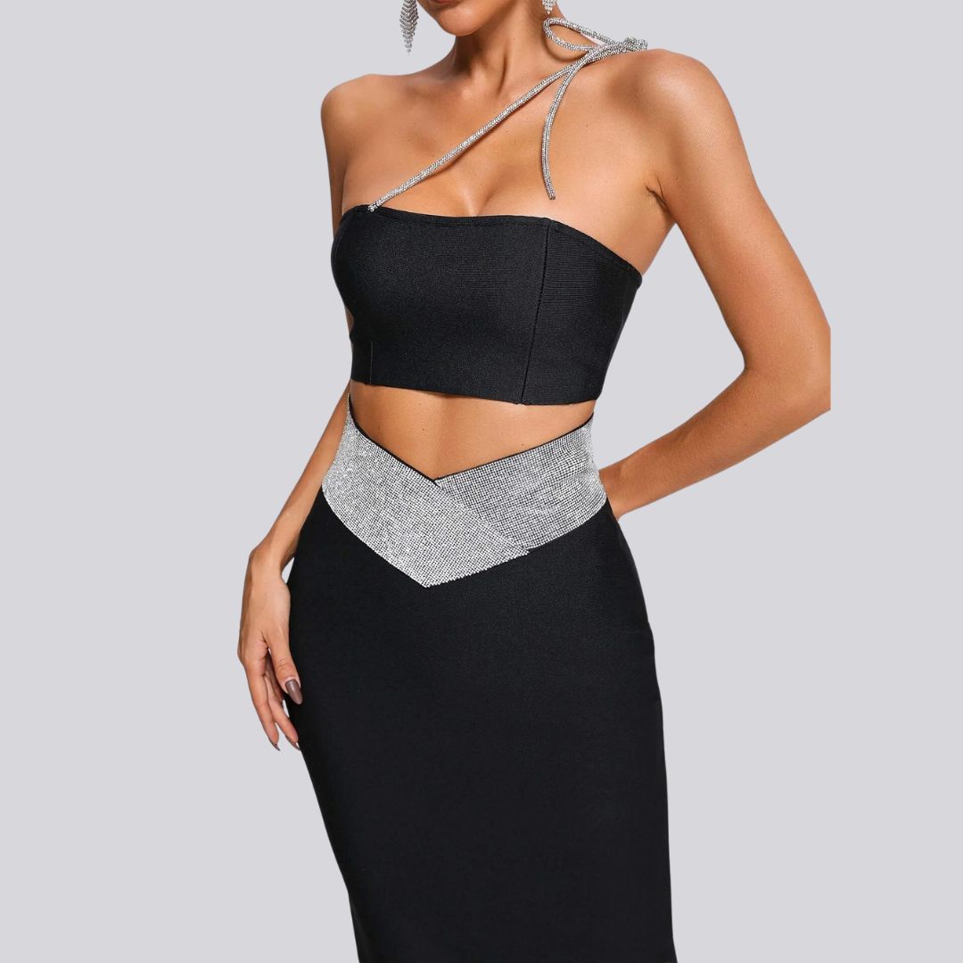 Dam Bandage Set Midi Kjol och Skördetopp i Stretchigt Material-2